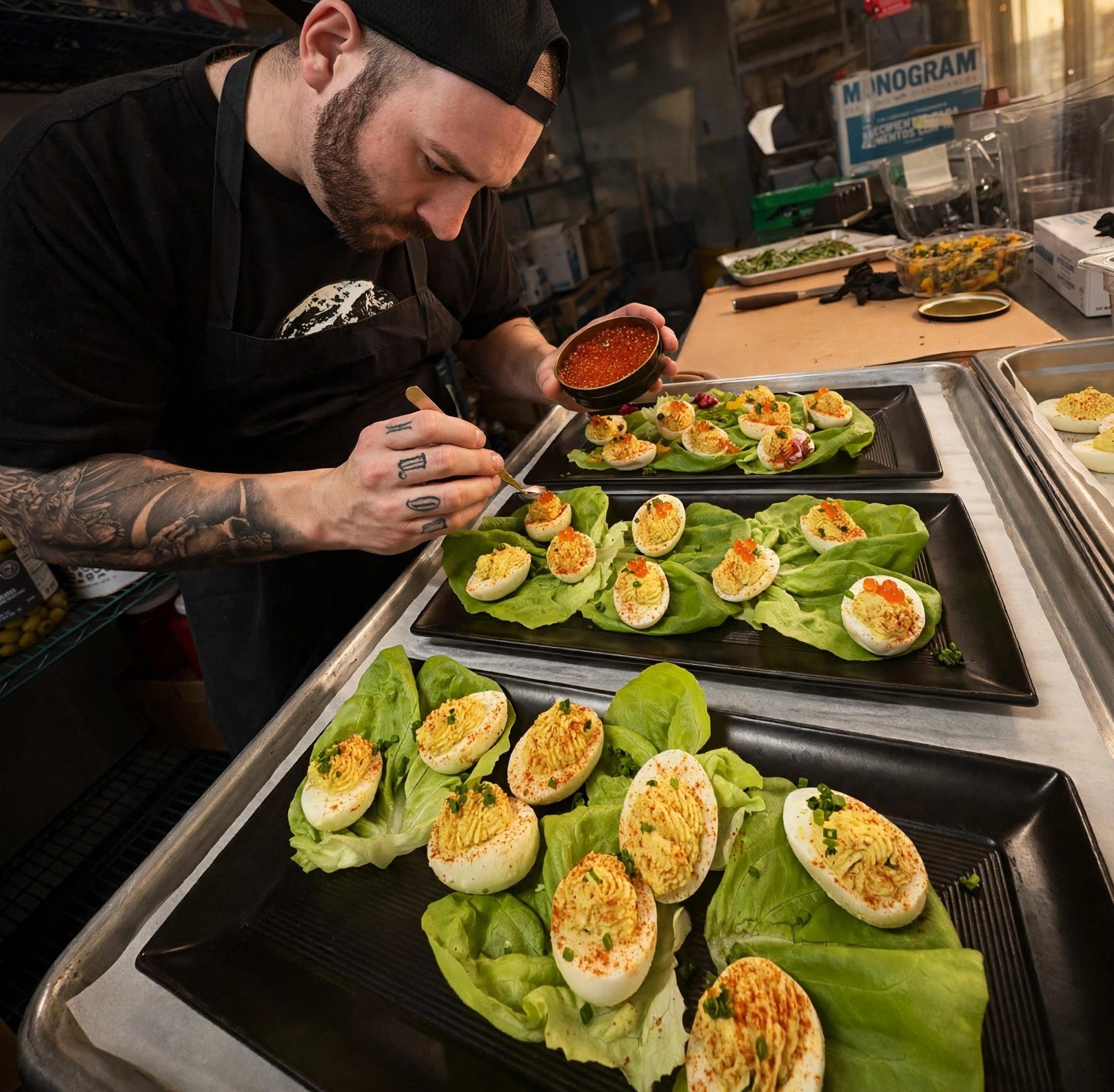 Chef plating deviled eggs with caviar